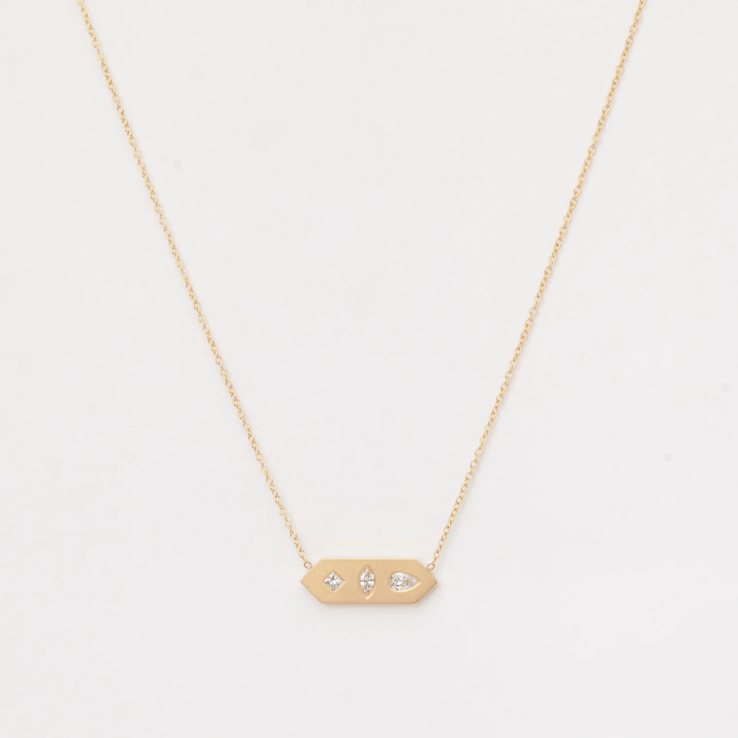 Diamond Mosaic Brushed Gold Horizontal Hexagon Tag Necklace