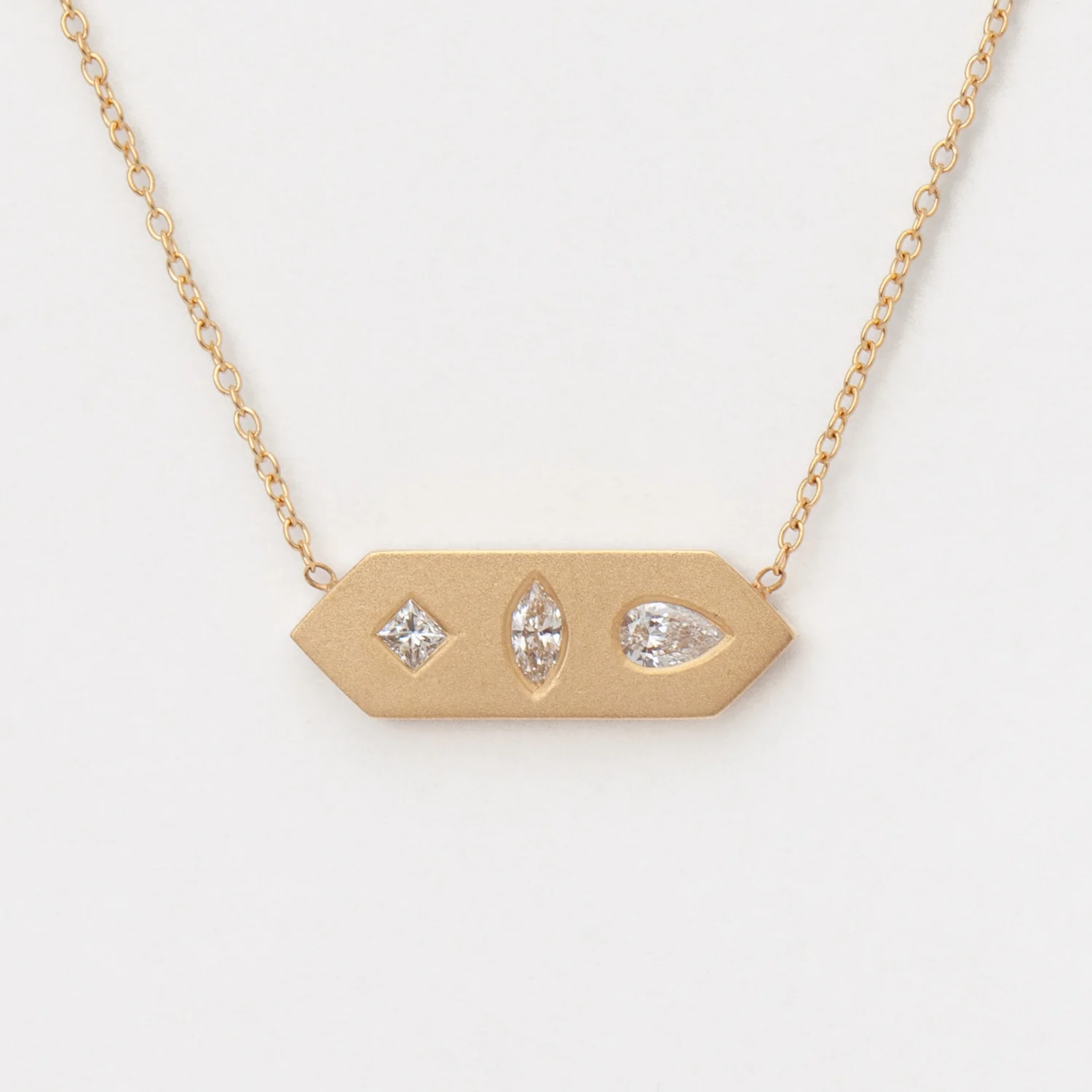 Diamond Mosaic Brushed Gold Horizontal Hexagon Tag Necklace - Image 3