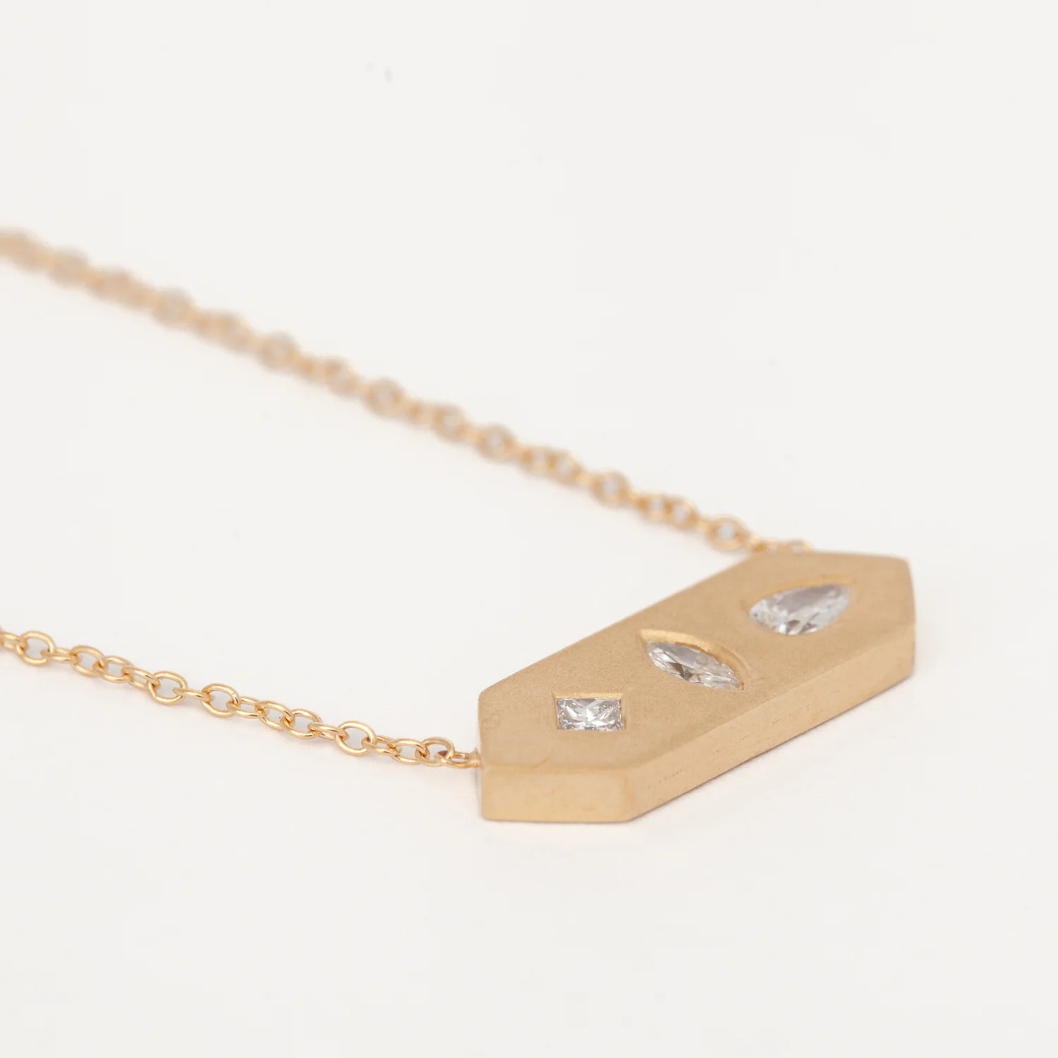 Diamond Mosaic Brushed Gold Horizontal Hexagon Tag Necklace - Image 5