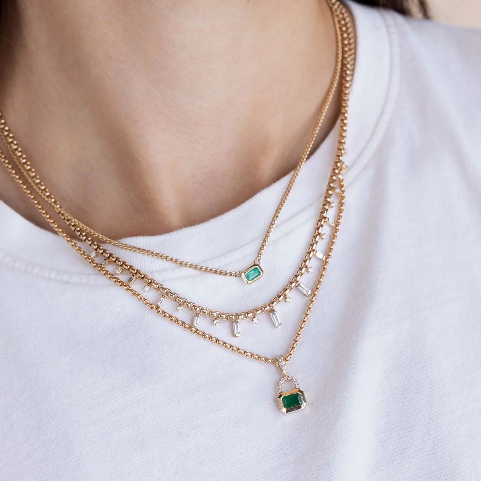 Emerald Cut Emerald & Pavé Diamond Bail Box Chain Necklace - Image 5