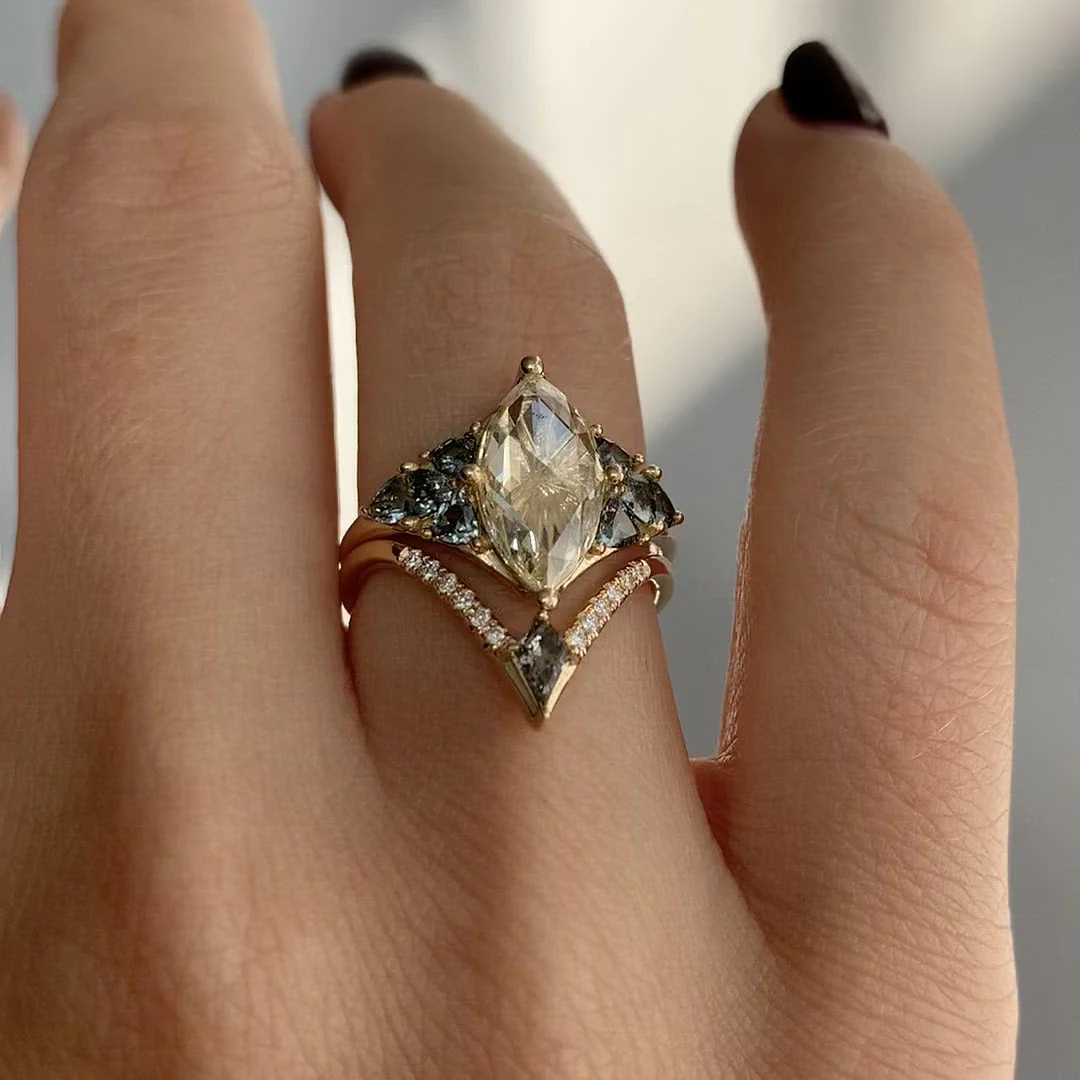 Nesting Kite Diamond Wedding Ring with a Pave Diamond Band - Image 2