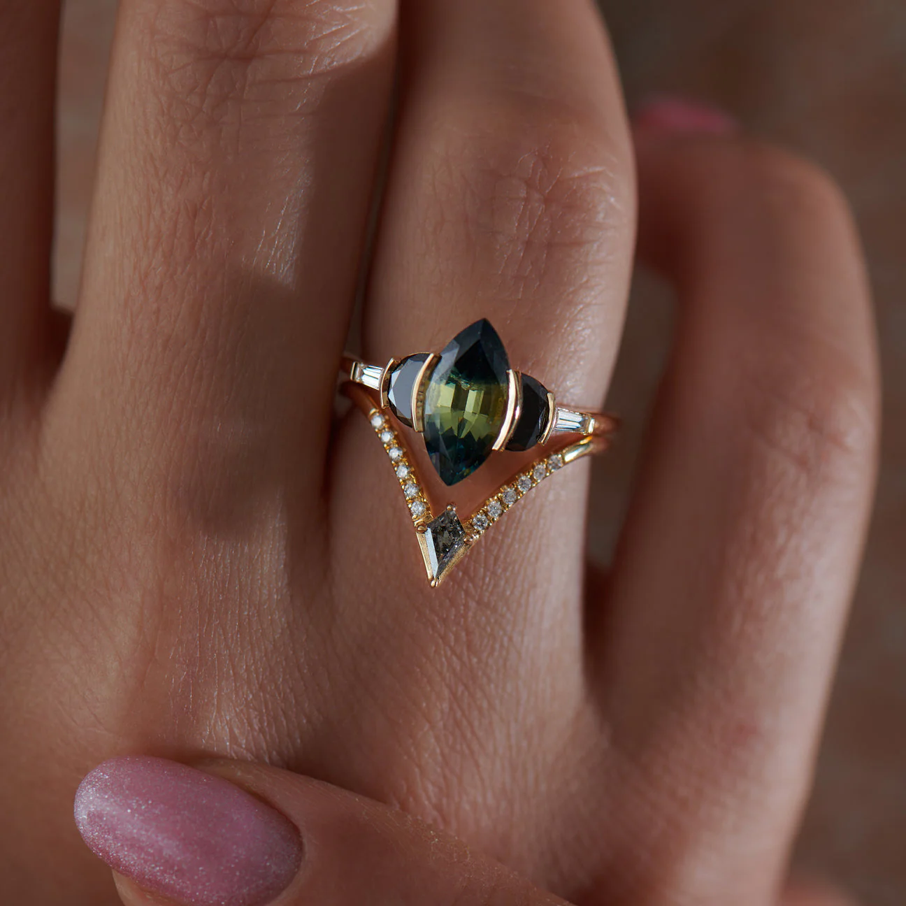 Nesting Kite Diamond Wedding Ring with a Pave Diamond Band - Image 5
