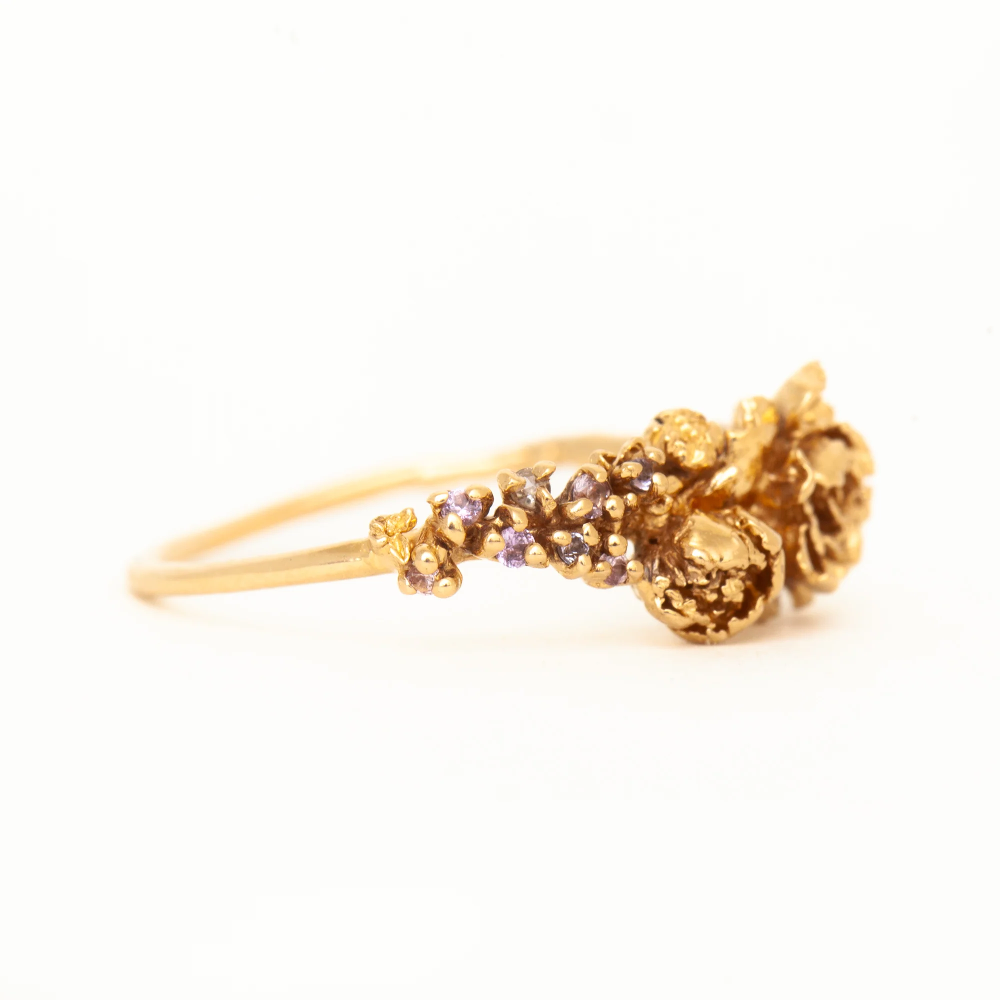 Purple Tanzanite Peonies & Pink Sapphire Lilacs on Sleeping Petal Garden Ring - Image 5