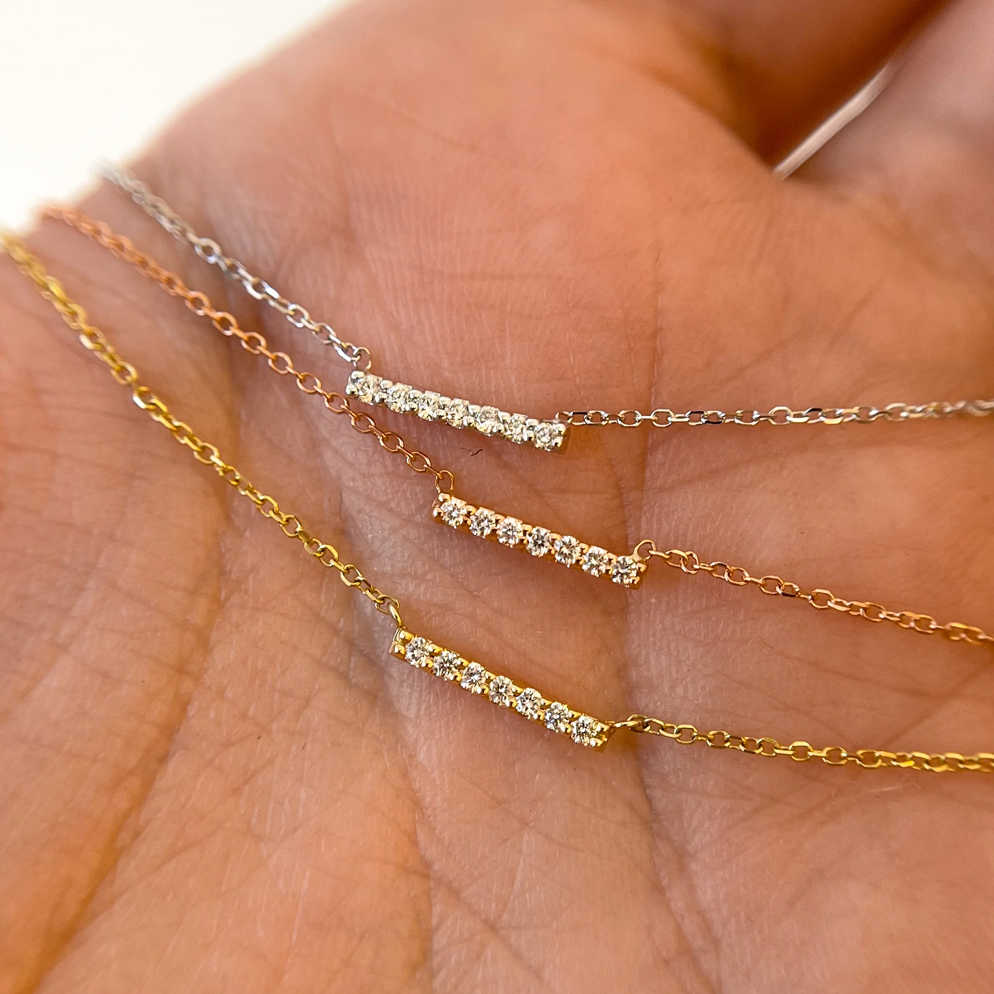 Rose Gold 7 Diamond Tiny Pavé Bar Necklace - Image 3
